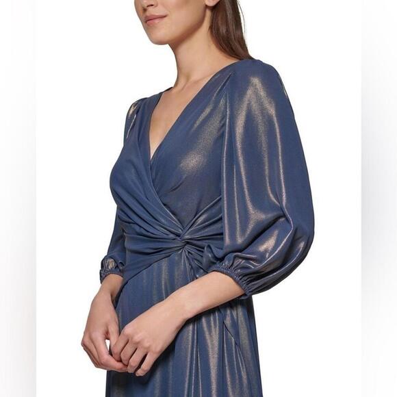 DKNY Iridescent Twisted Balloon-Sleeve evening Sleeve Dress -Denim Gold size 6 - Picture 6 of 12